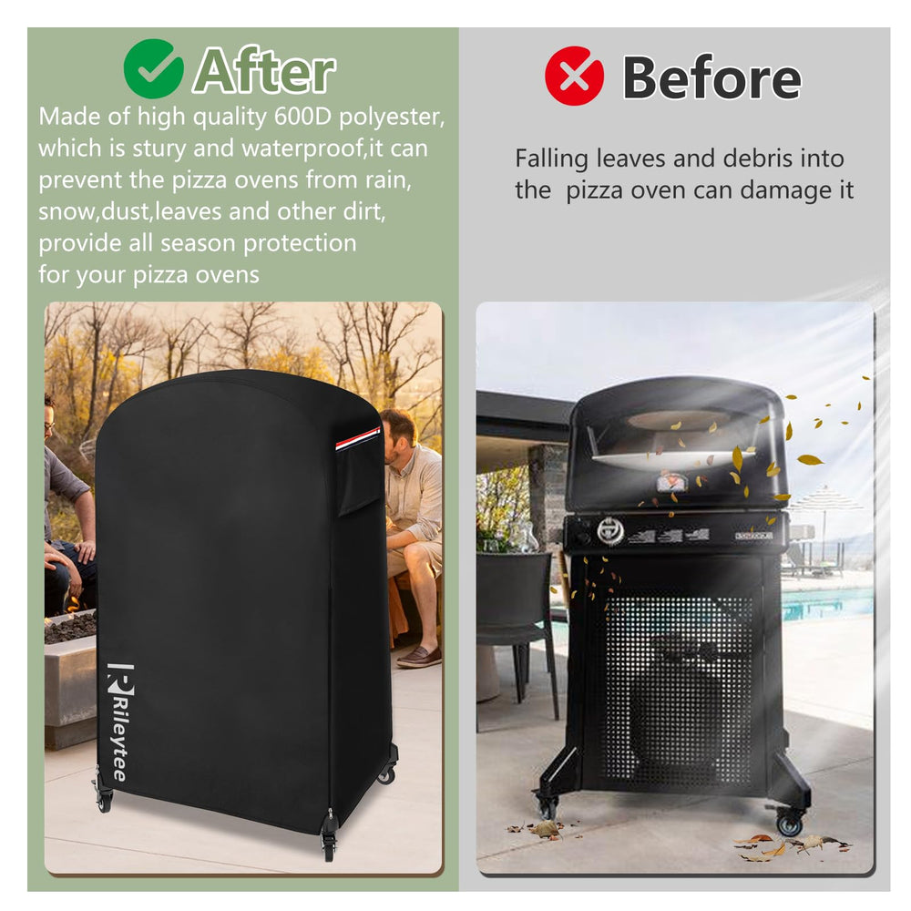 Rileytee covered pizza oven on backyard deck keeping appliance clean