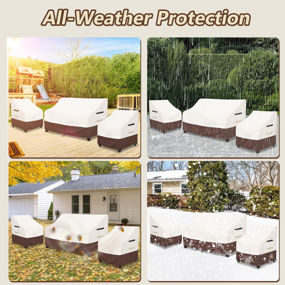 Rileytee covers on patio loveseat and chairs showing neat outdoor look