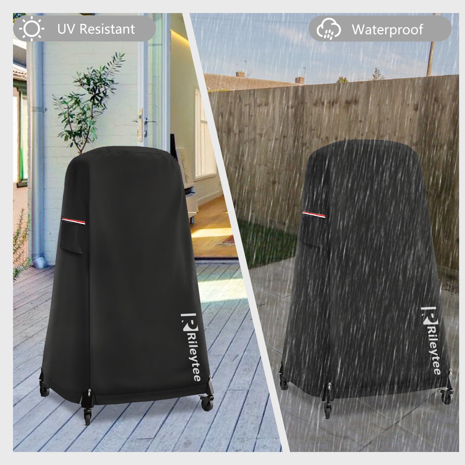 Rileytee installed in backyard lifestyle image protecting oven from rain