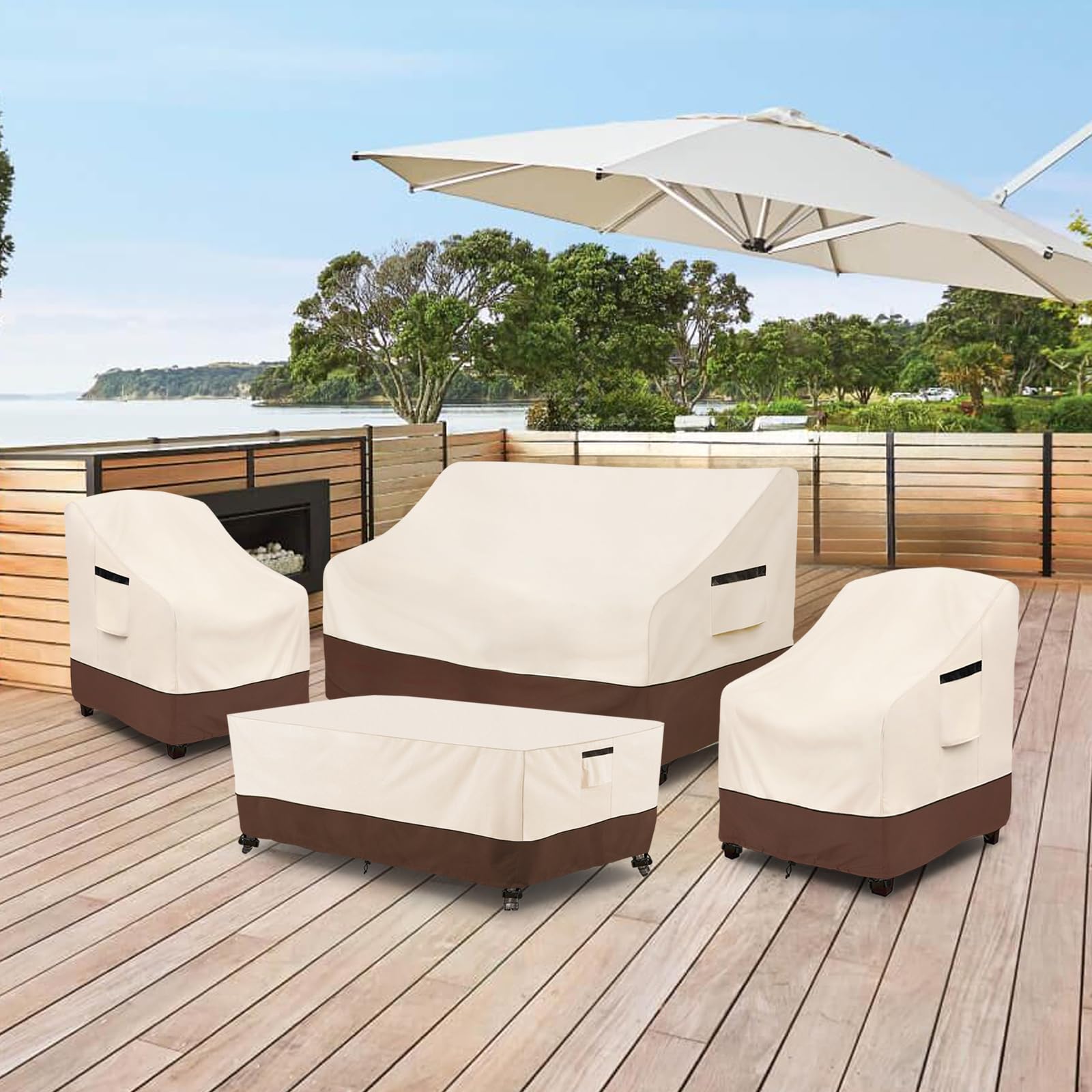 Rileytee covered patio set in beige and brown protecting furniture outdoors