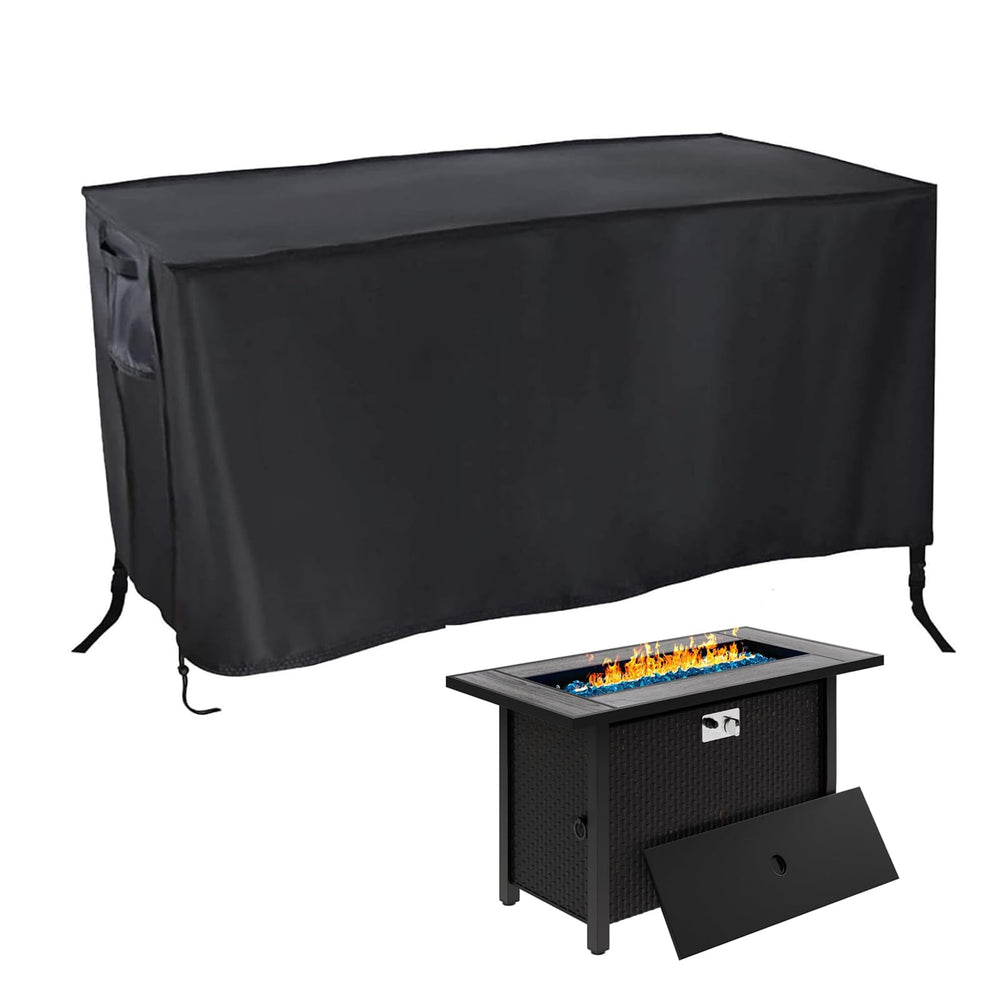 Rilime front view of black rectangular cover protecting fire pit, shows full coverage benefit