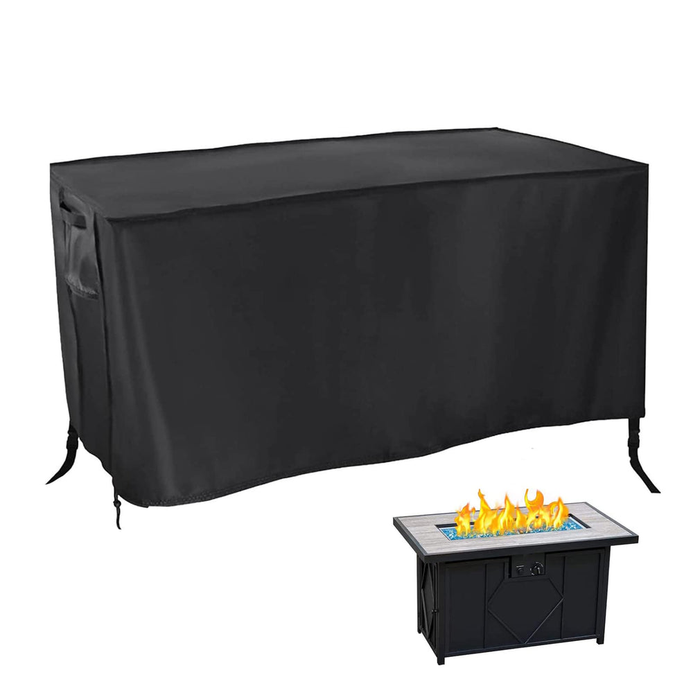 Rilime front view of black rectangular fire pit cover protecting table outdoors