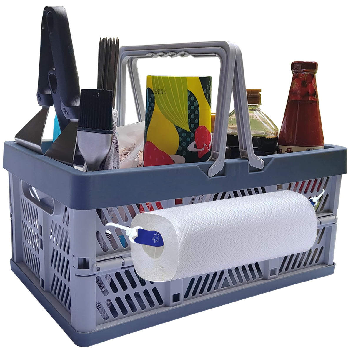 Rilltowpe front view packed basket shows organized sauces and tools for easy transport