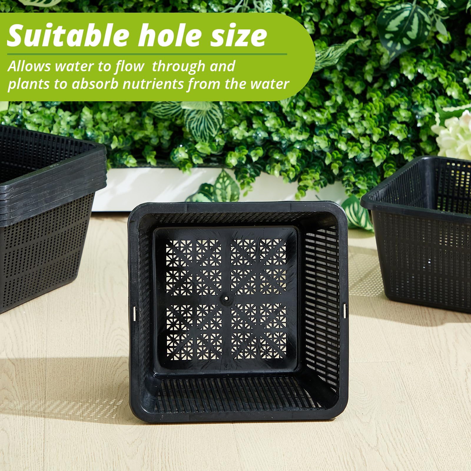 RimCereal flat-bottom basket resting on pond shelf offers stable placement advantage