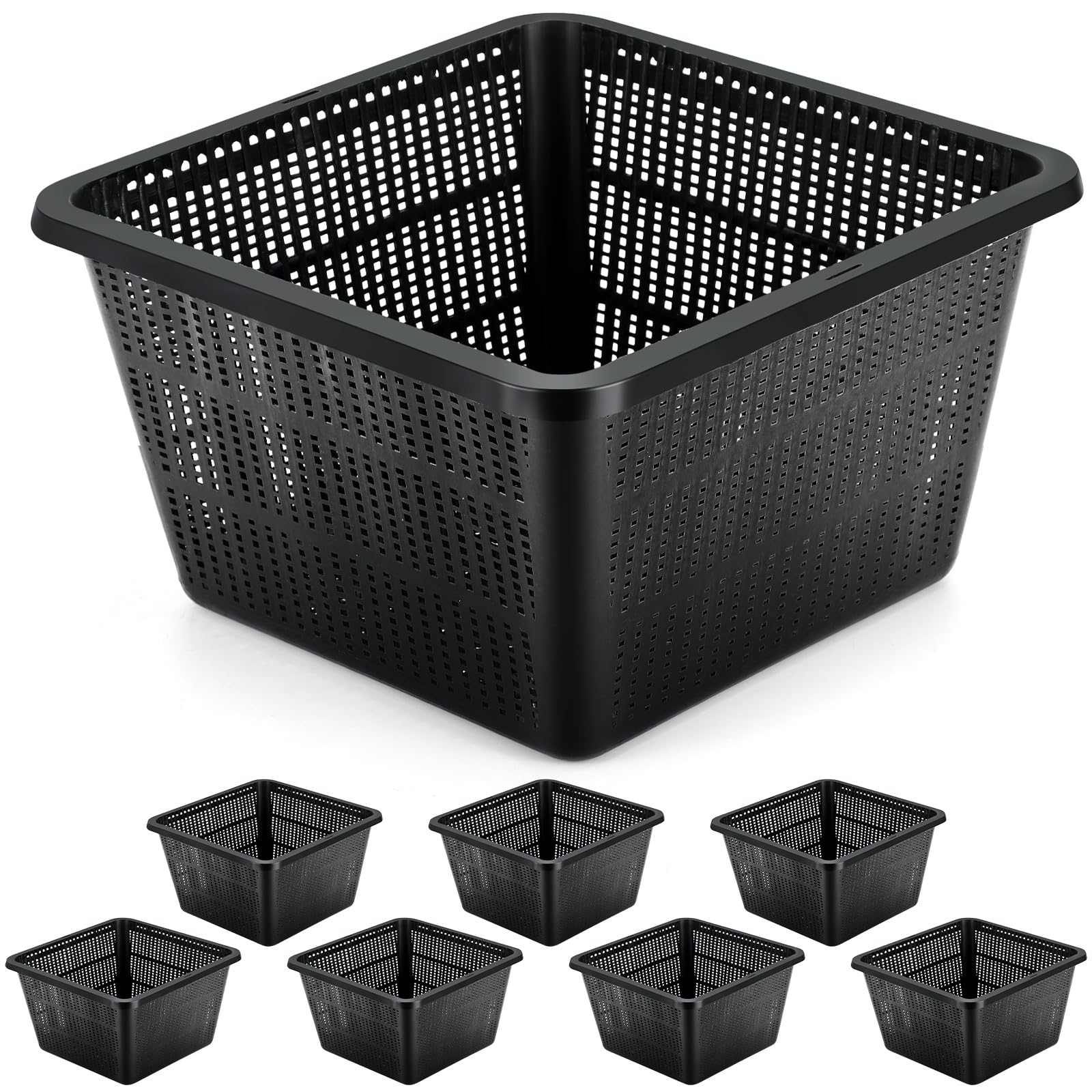 RimCereal front view of eight black mesh plant baskets shows practical set and coverage