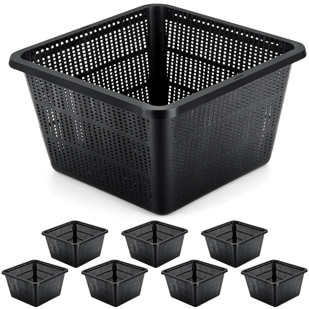 RimCereal front view of eight black mesh plant baskets shows practical set and coverage
