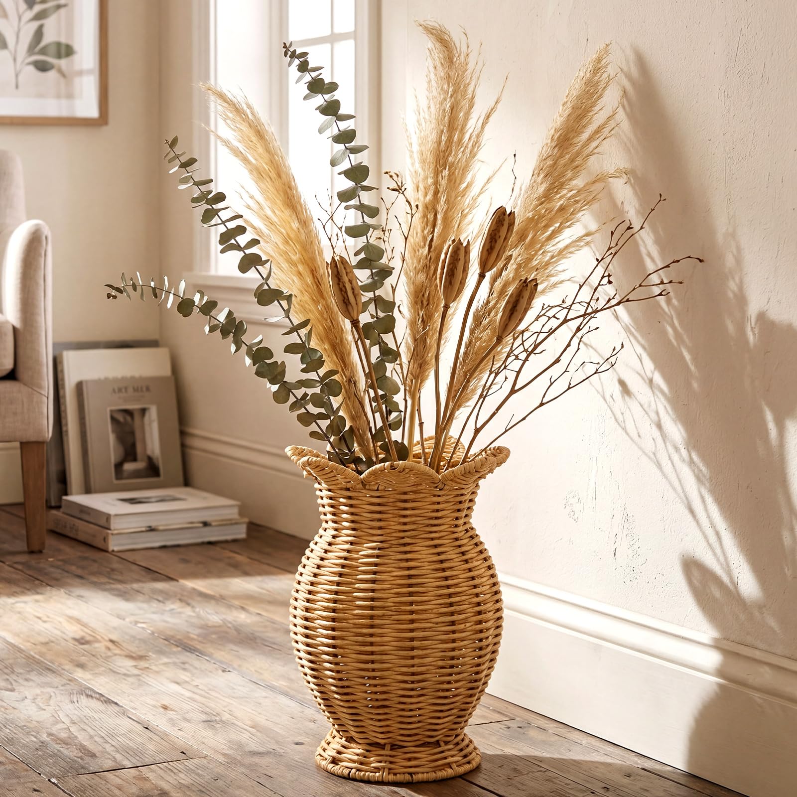RimCereal front view wicker vase showing neutral tone and presence
