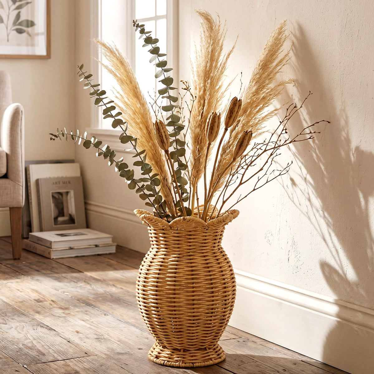 RimCereal front view wicker vase showing neutral tone and presence