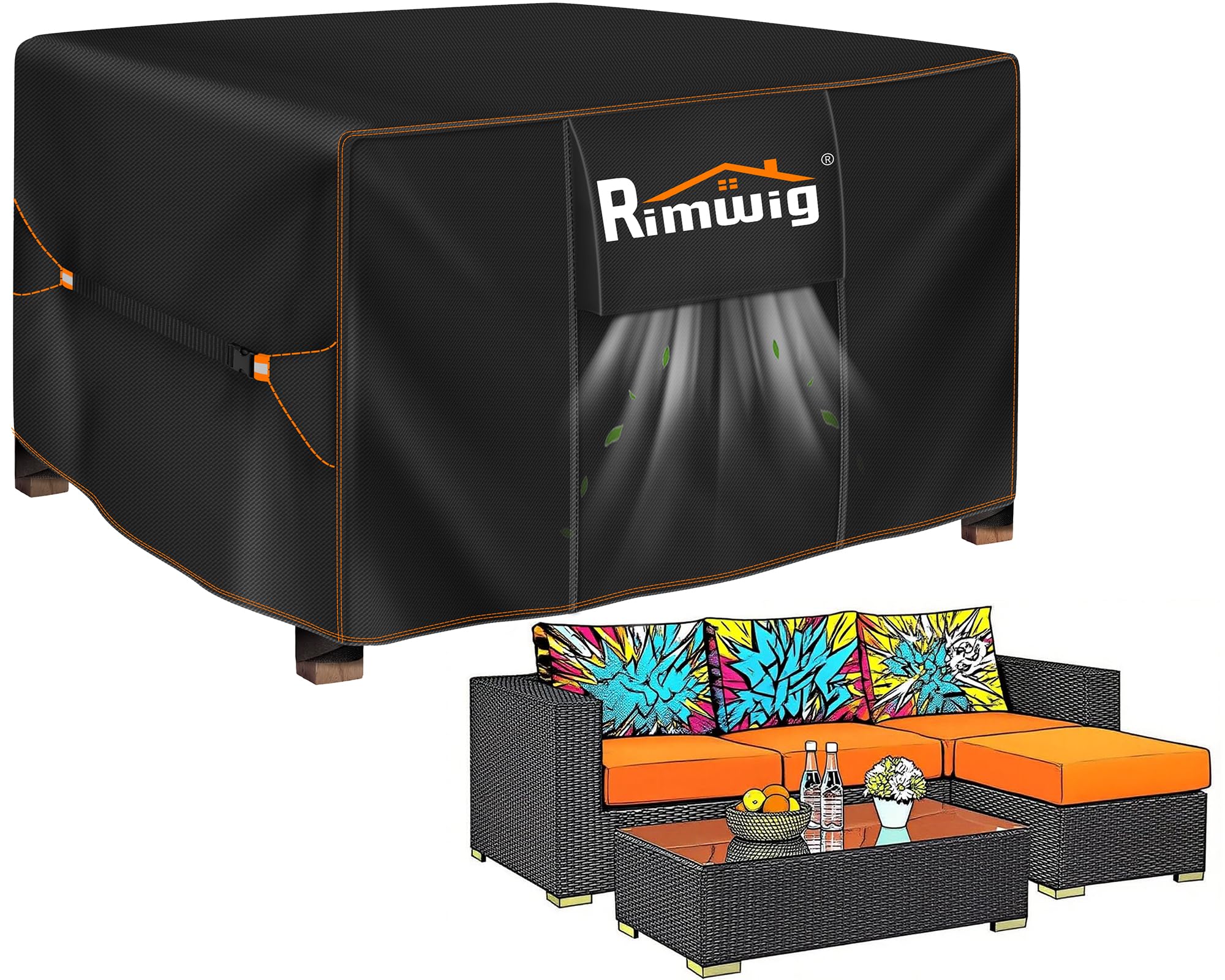 Rimwig front view of full rectangular cover protects furniture from rain