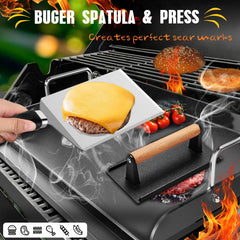RINPIR scraper and cleaning pad on griddle showing fast cleanup and maintenance