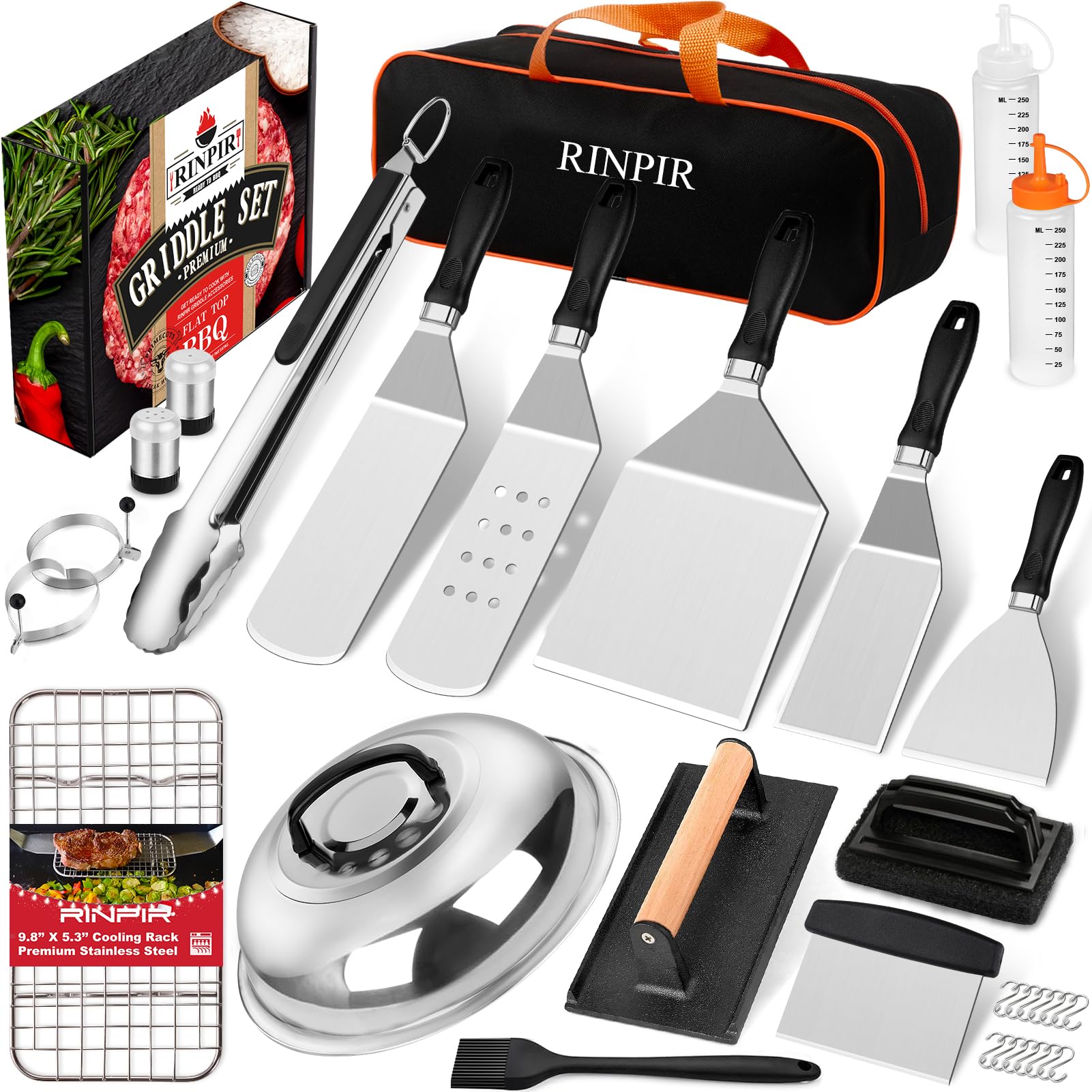 RINPIR full 33-piece griddle set arranged neatly showing tool variety and readiness