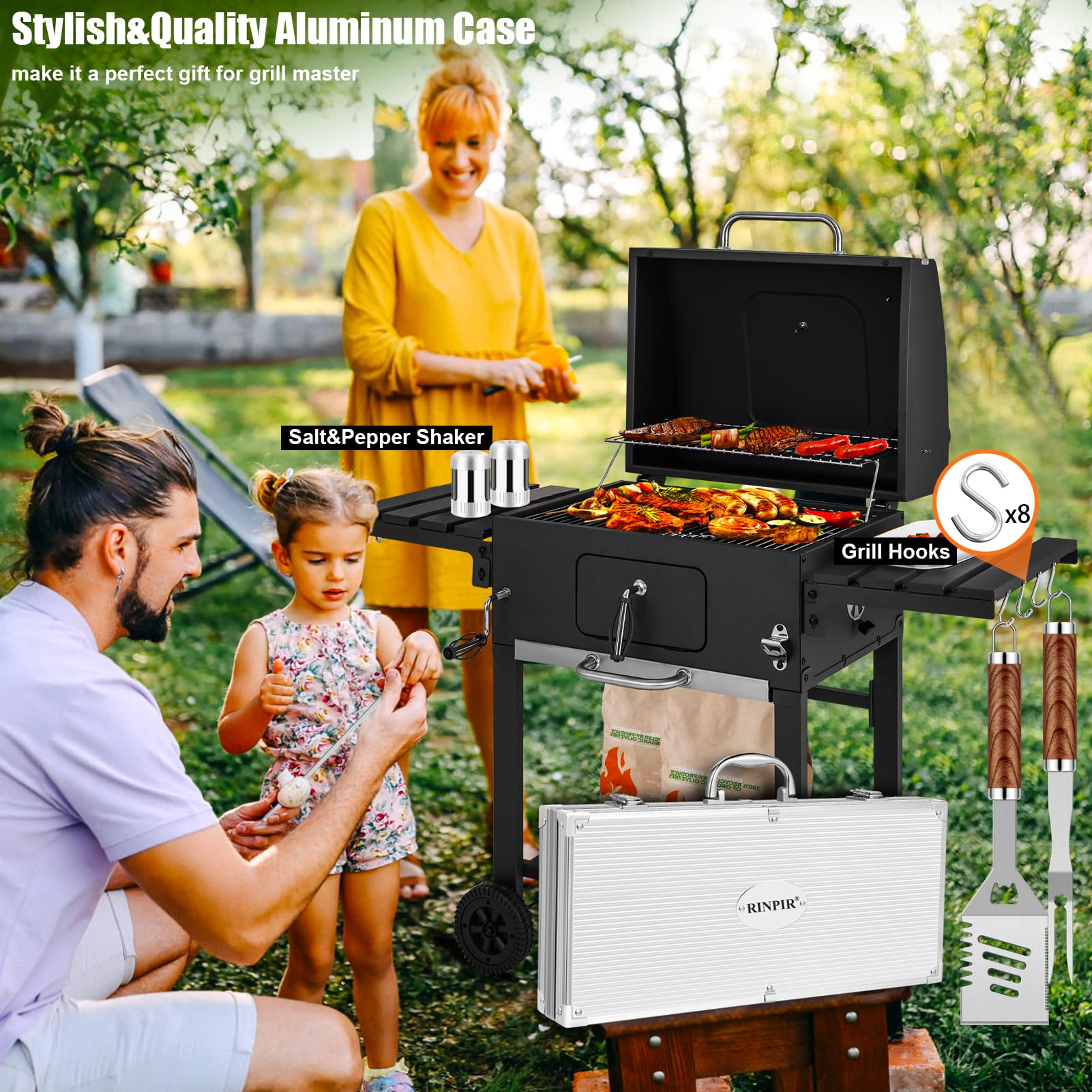RINPIR grill brush with extra head showing easy deep grill cleaning
