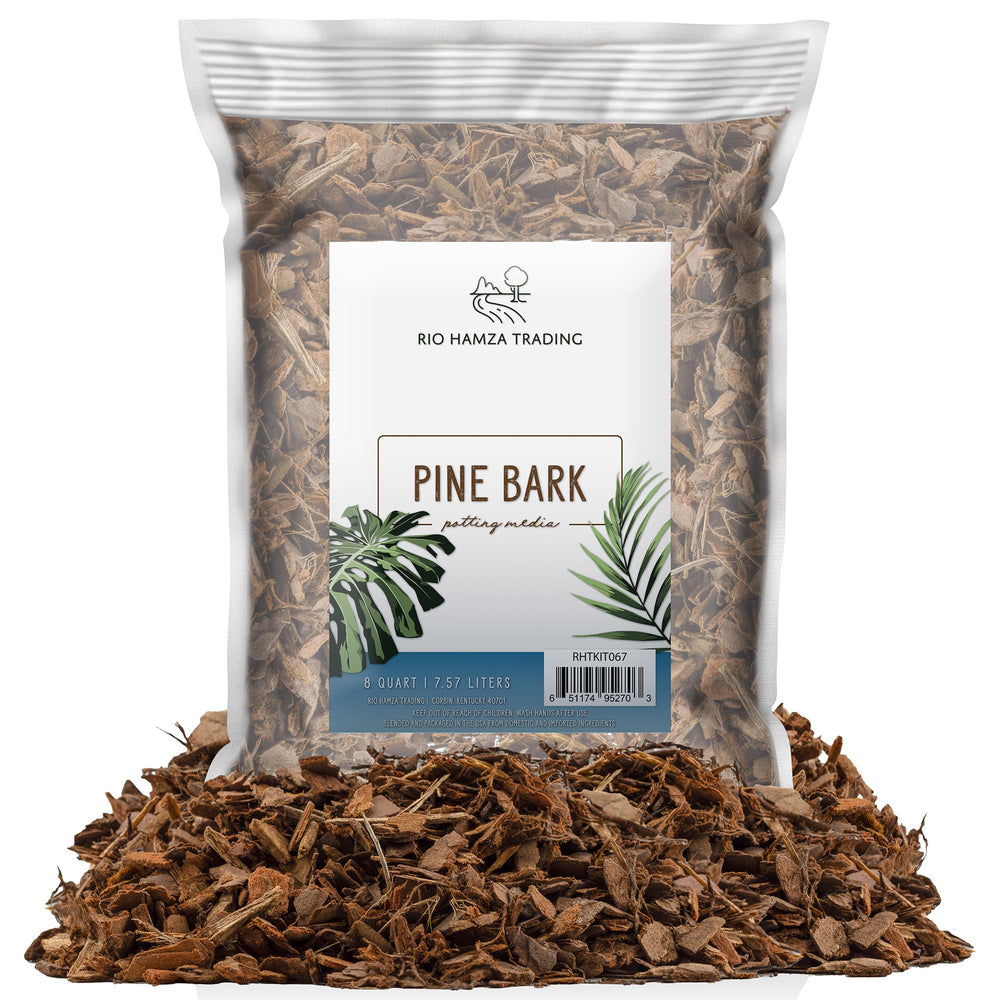 Rio Hamza Trading front packaging showing natural pine bark mulch benefits
