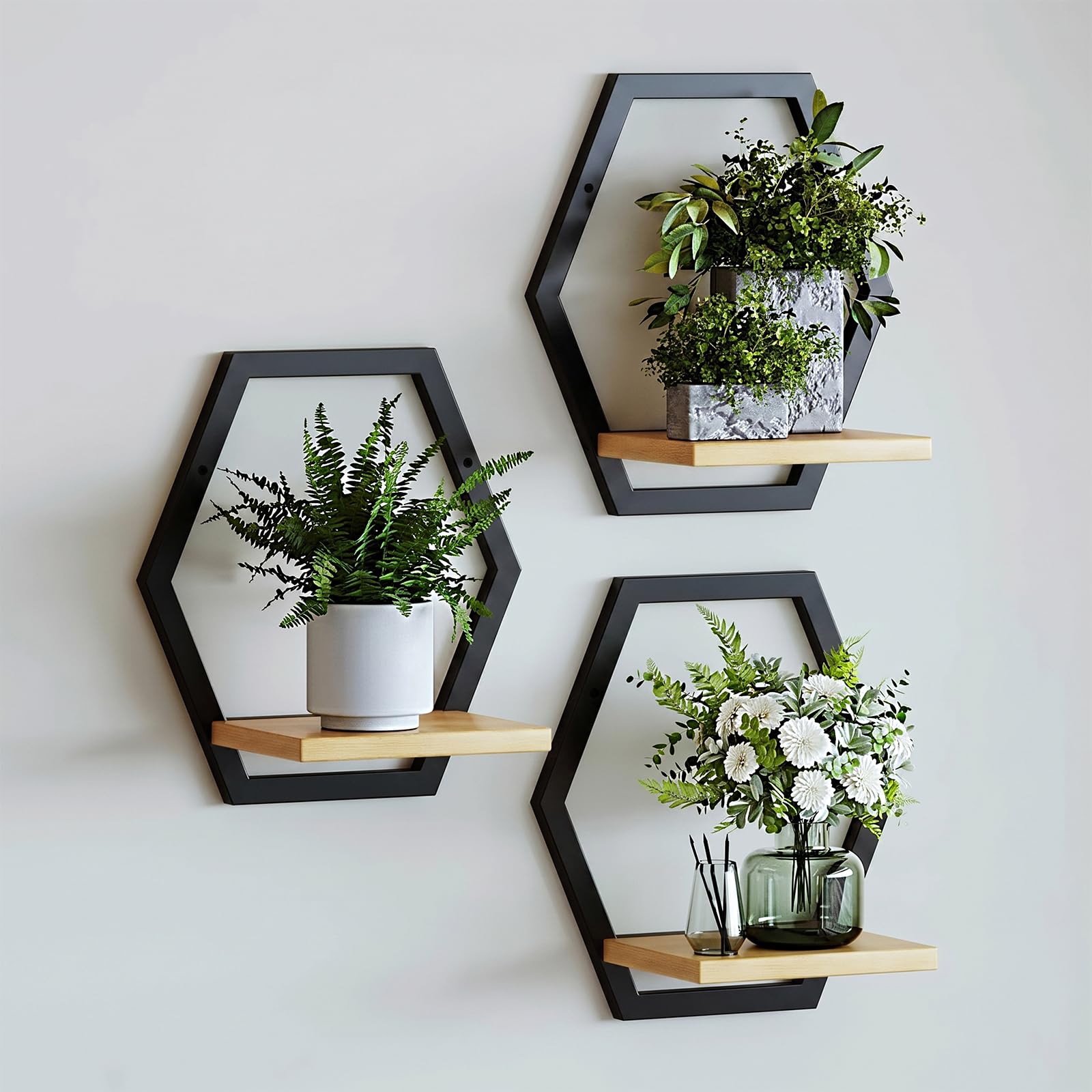 Rioneta front view of three hexagon shelves showing decorative display benefit