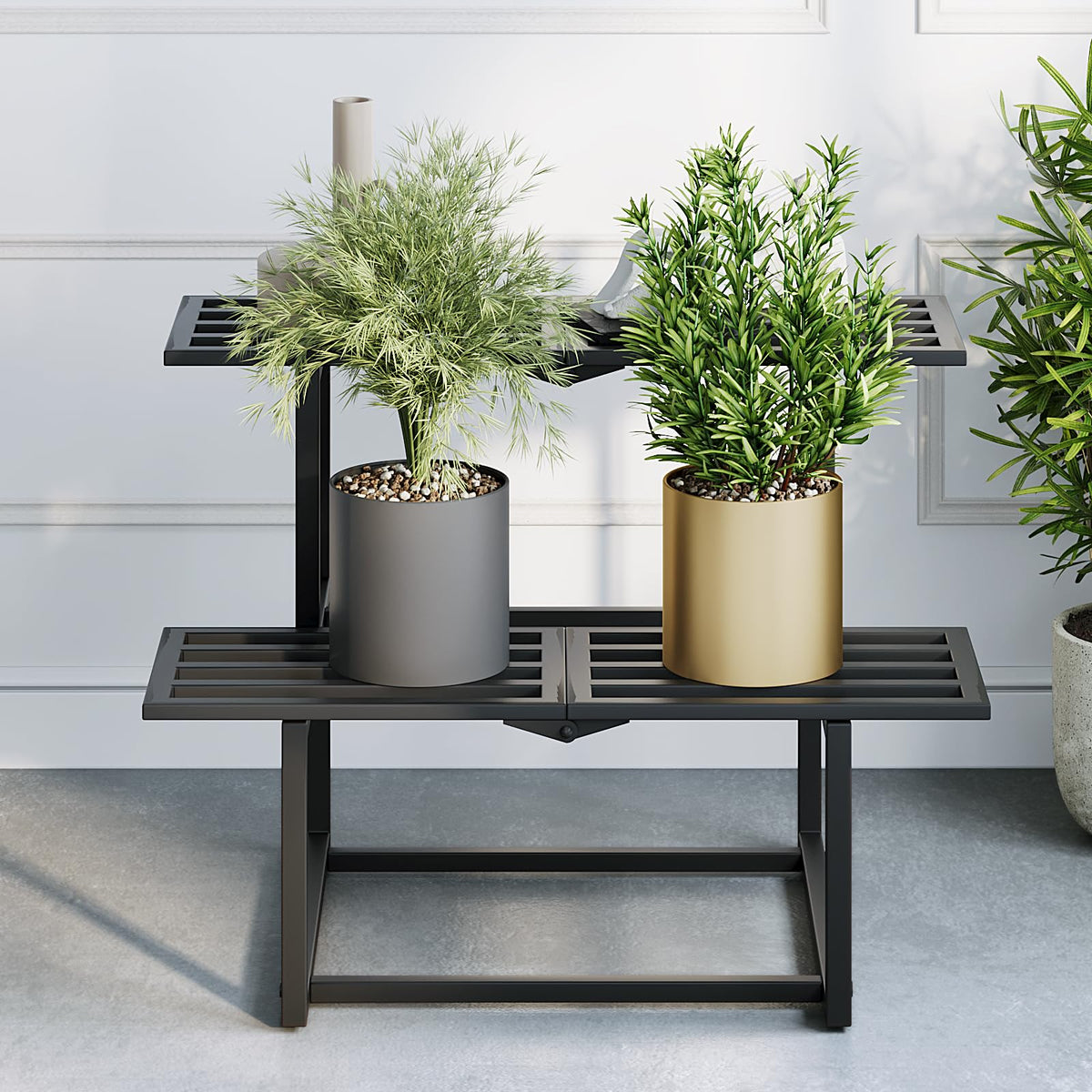 Rioneta front view of black two-tier stand, sturdy display benefit