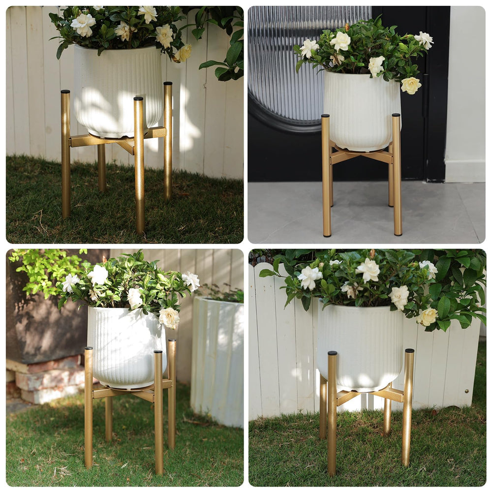 Rioneta gold stand holding a large 14-inch pot showing safe heavy-duty support
