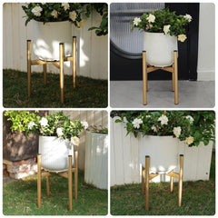 Rioneta gold stand holding a large 14-inch pot showing safe heavy-duty support