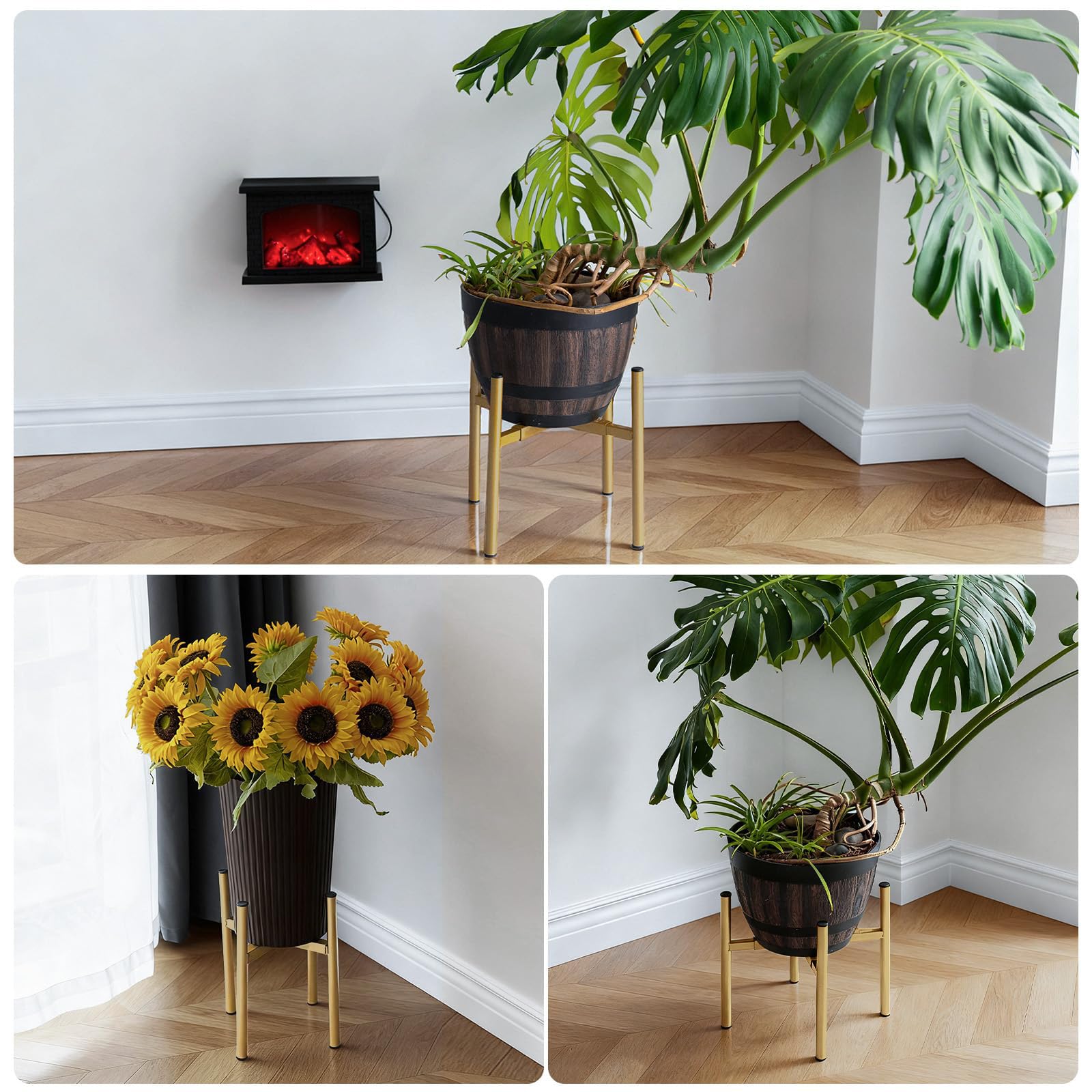 Rioneta gold stand styled in living room enhancing plant display and decor harmony
