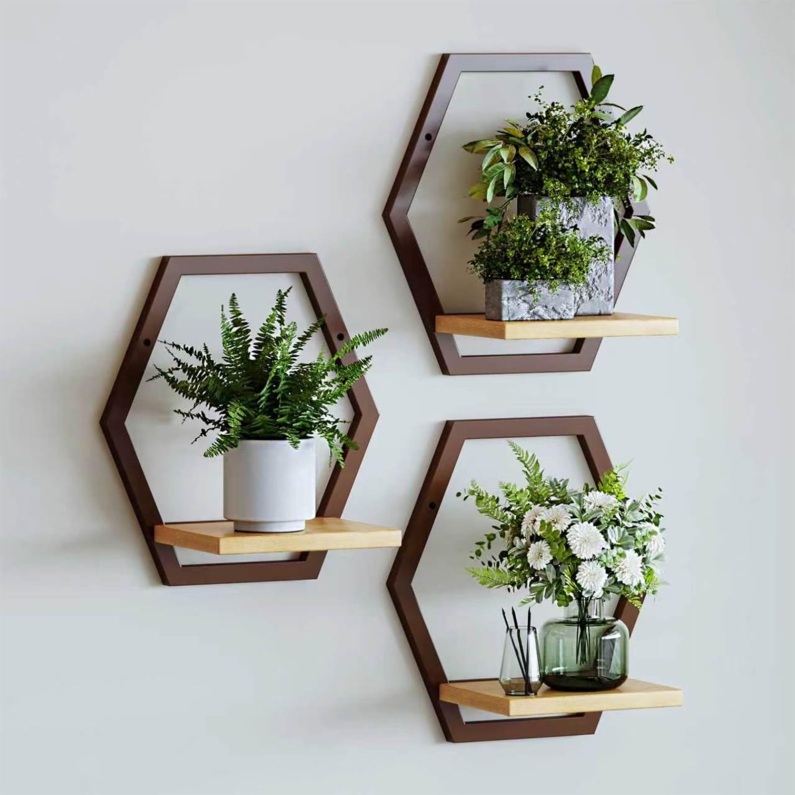 Rioneta hexagon shelves front view showing neat display and warm wood