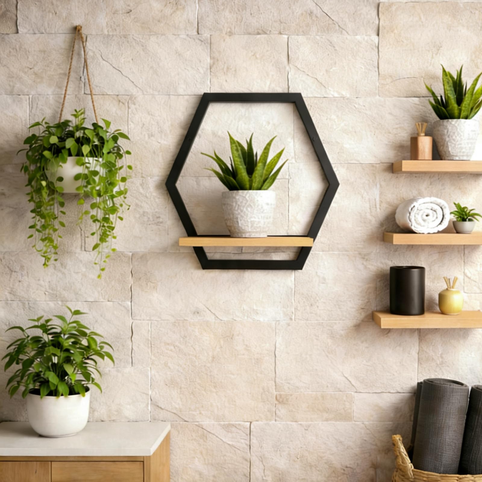 Rioneta hand beside shelf showing 9-inch scale for sizing clarity and placement