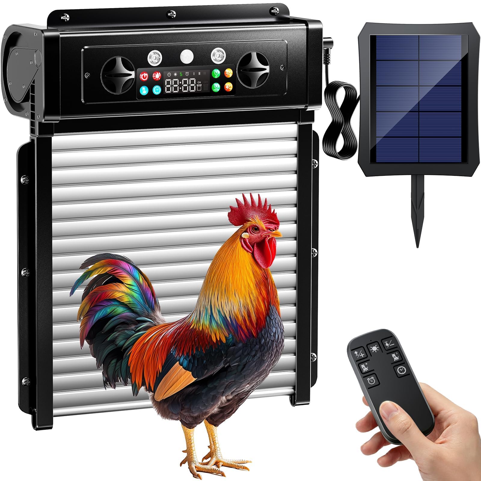 Ripom front view of automatic chicken coop door showing compact design and security