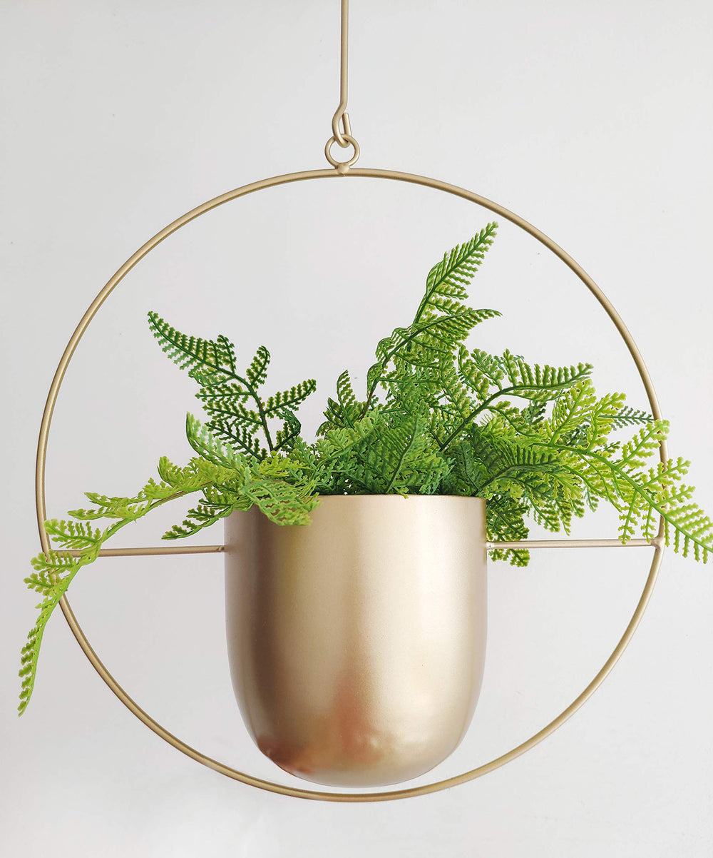 RISEON front view of gold metal hanging planter shows modern silhouette and compact size