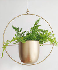 RISEON front view of gold metal hanging planter shows modern silhouette and compact size