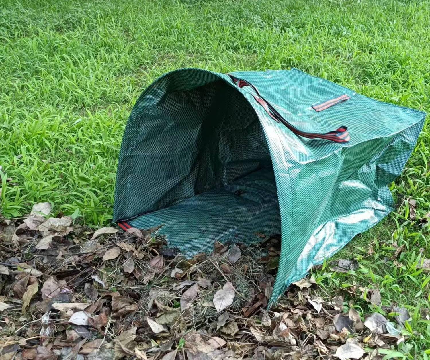 RISETEX bag filled with leaves demonstrating 53-gallon capacity