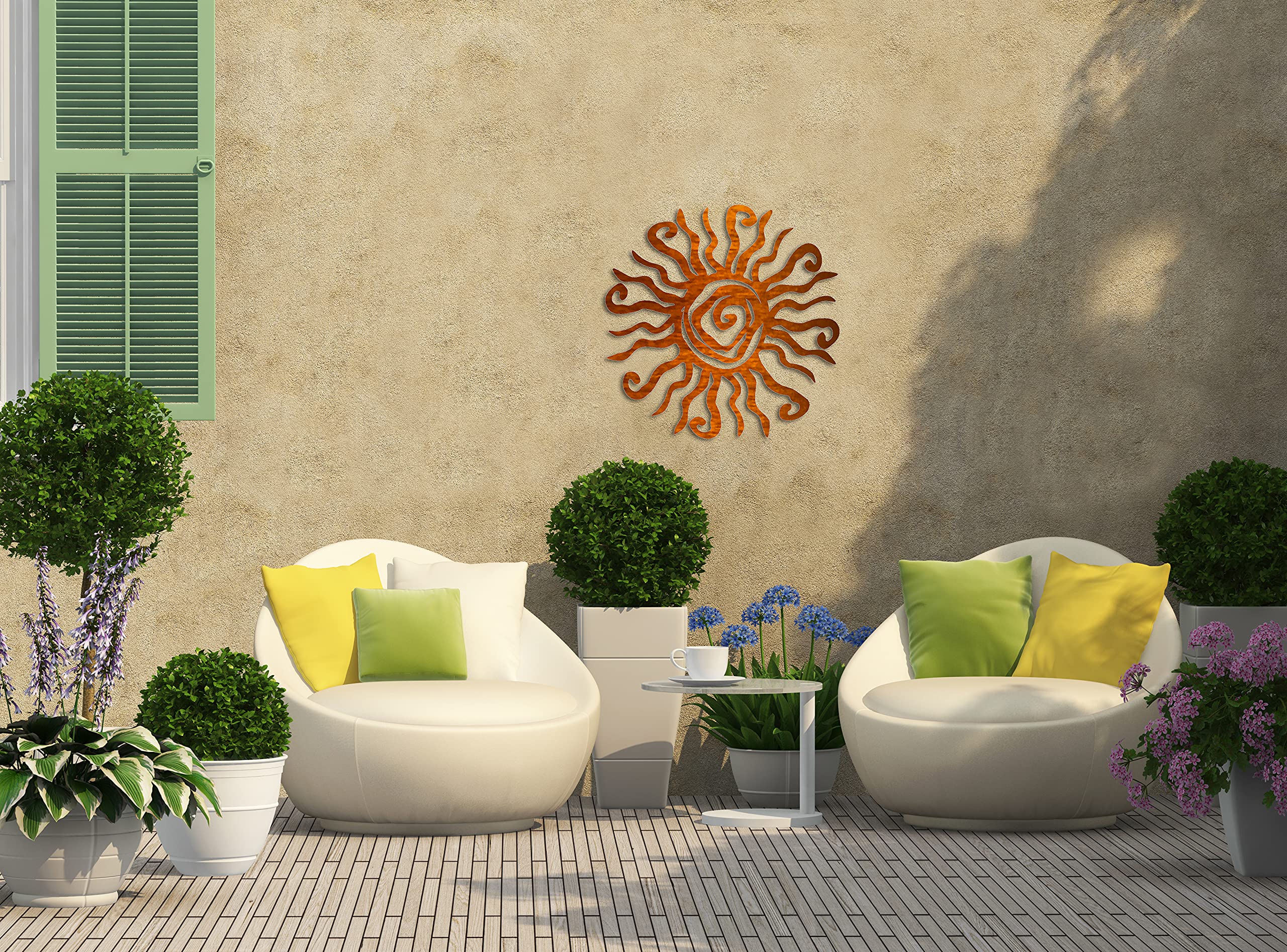 Riverside Designs Wacky Sun on garden wall showing lively outdoor décor benefit