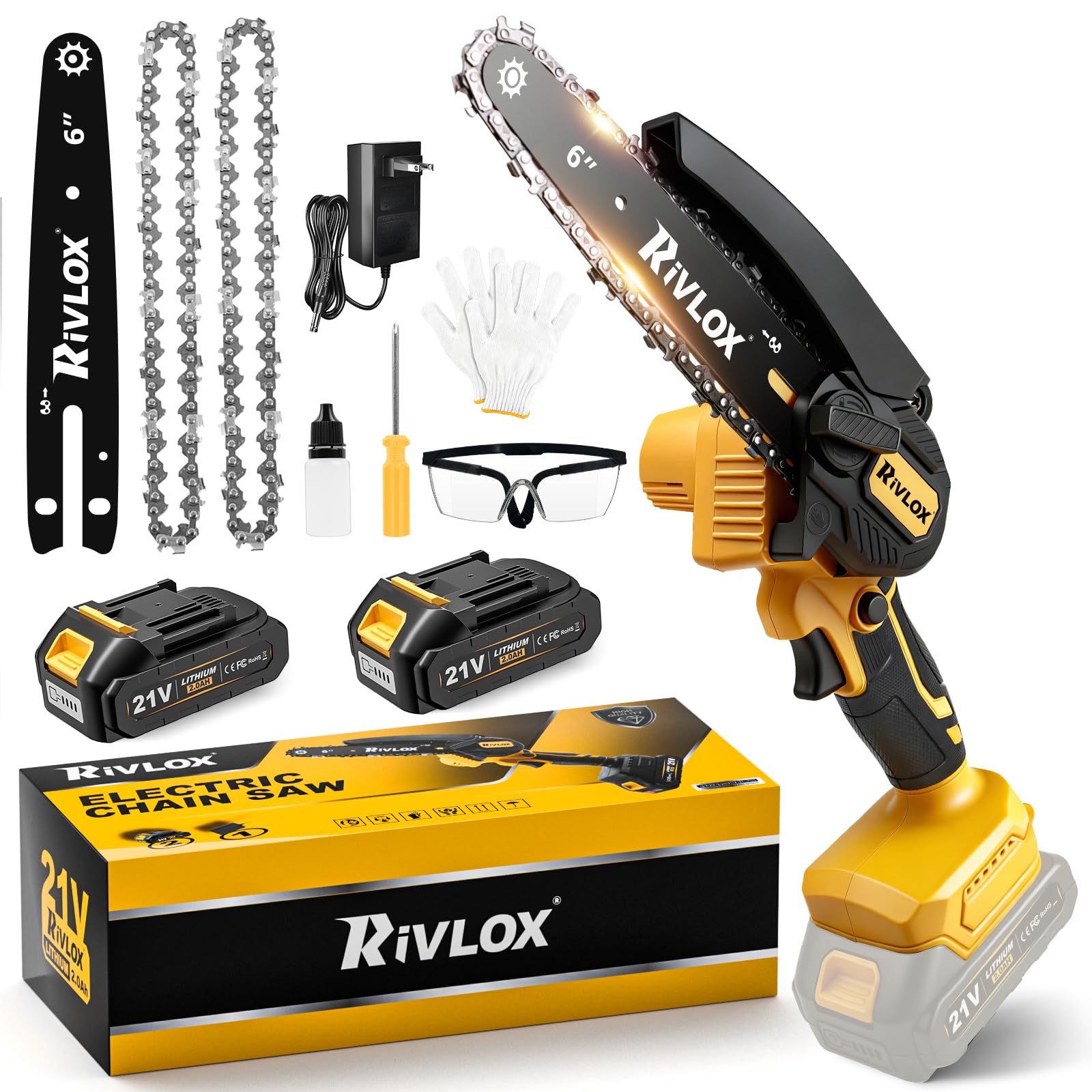 Rivlox front view of mini chainsaw showing compact design and portability