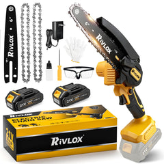 Rivlox front view of mini chainsaw showing compact design and portability