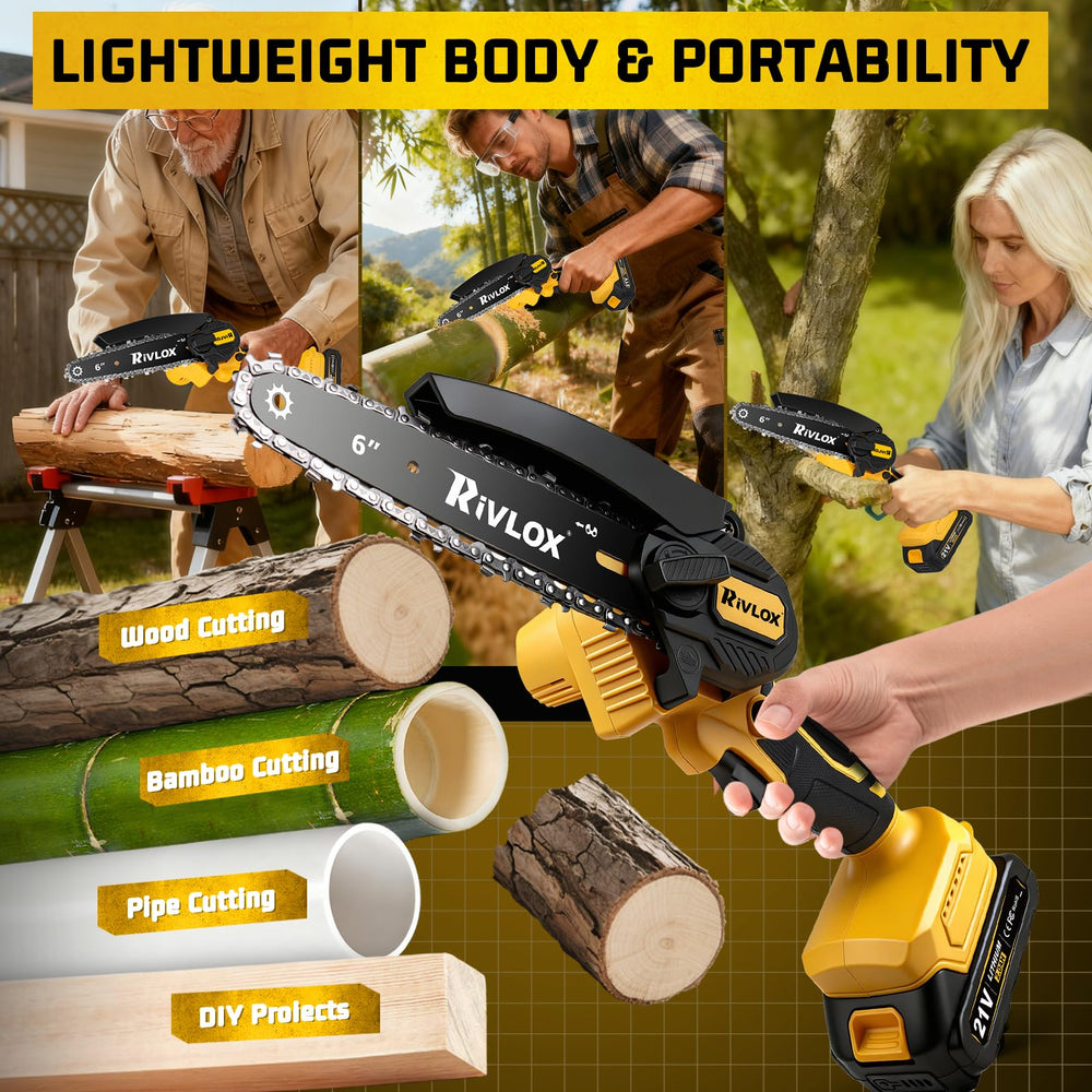 Rivlox handheld chainsaw next to a hand for clear size comparison