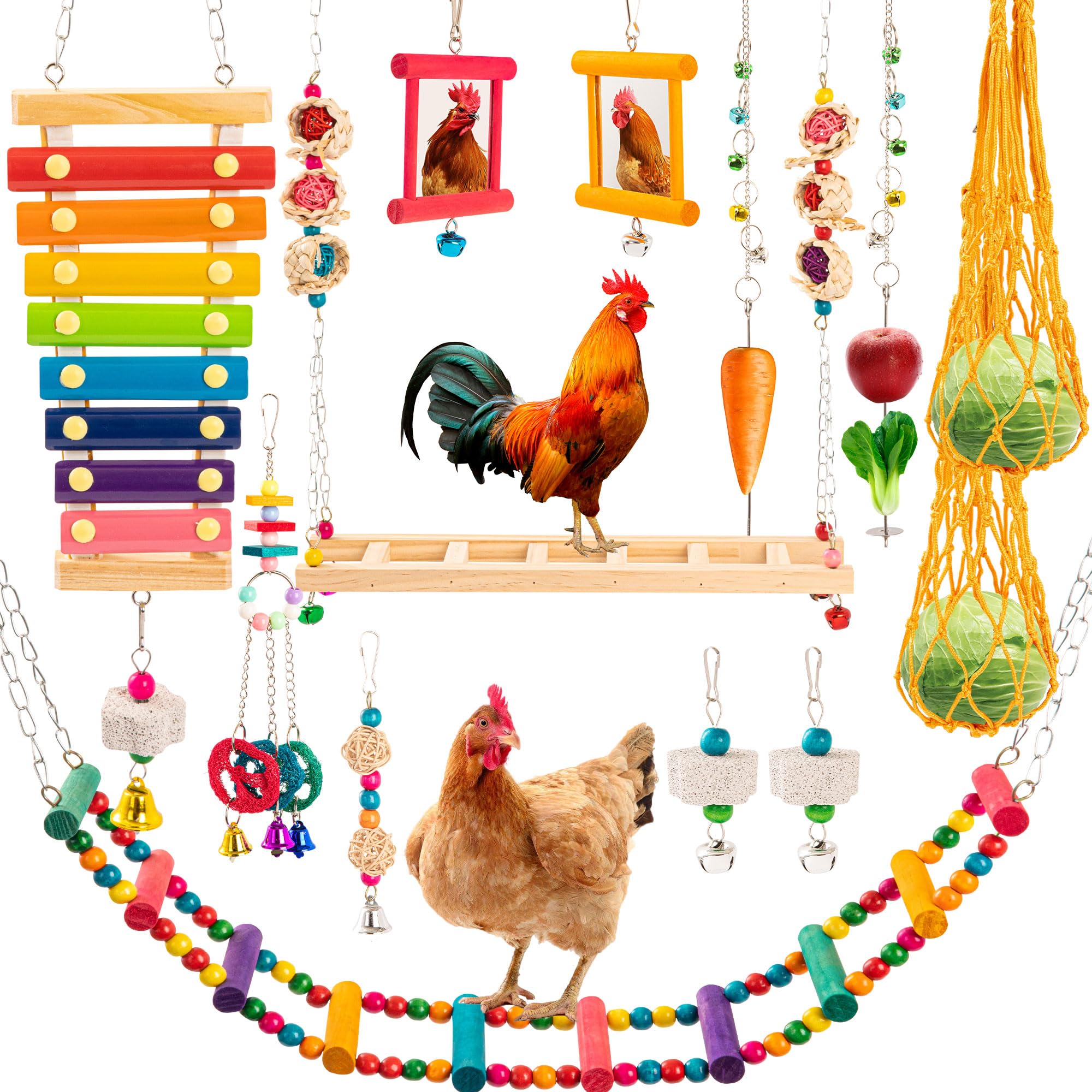 RLRICH front packaging showing full 14-piece chicken toy kit and benefits