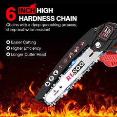 RLSOO chainsaw cutting a branch outdoors demonstrating easy pruning