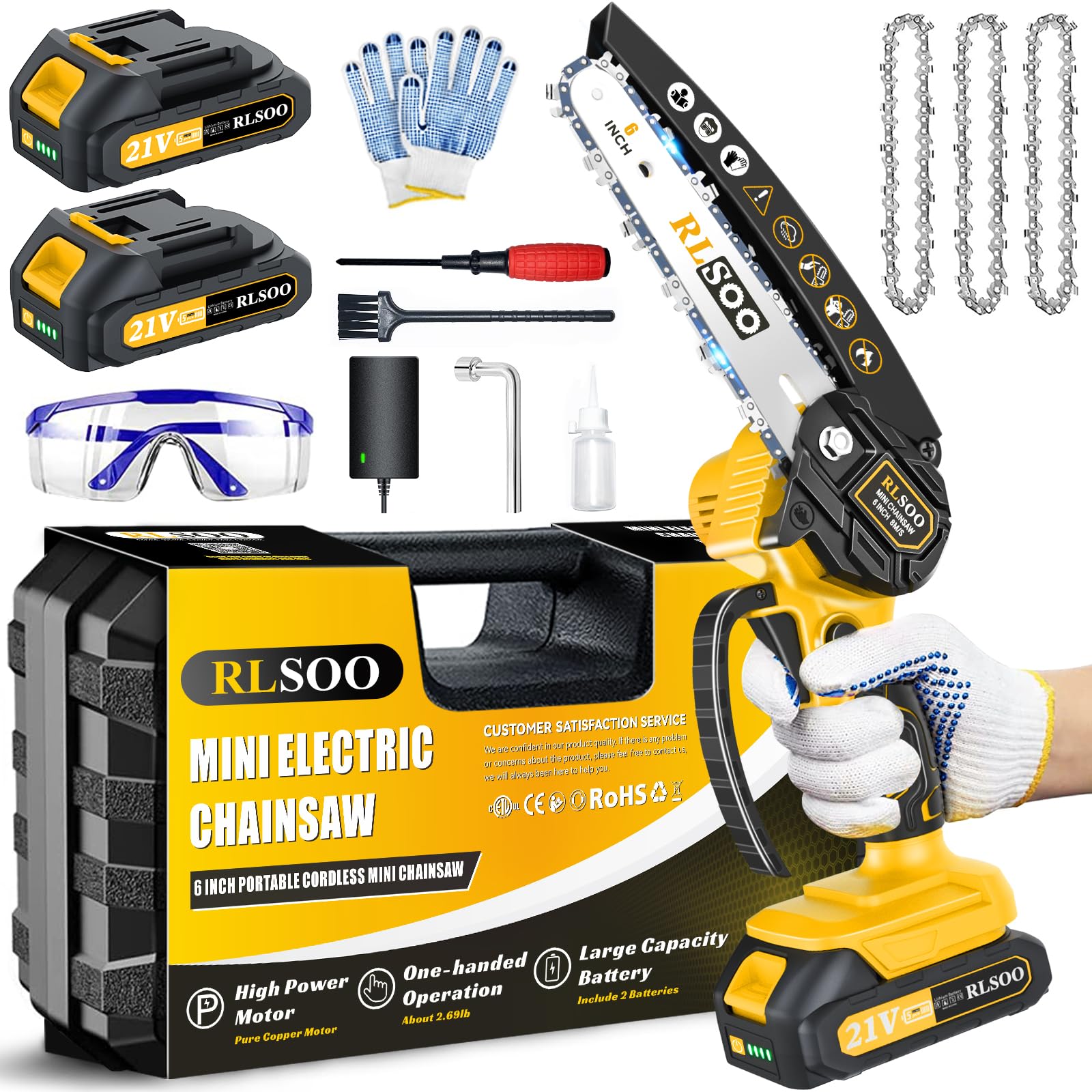 RLSOO mini chainsaw front view showing compact design and quick startup benefit