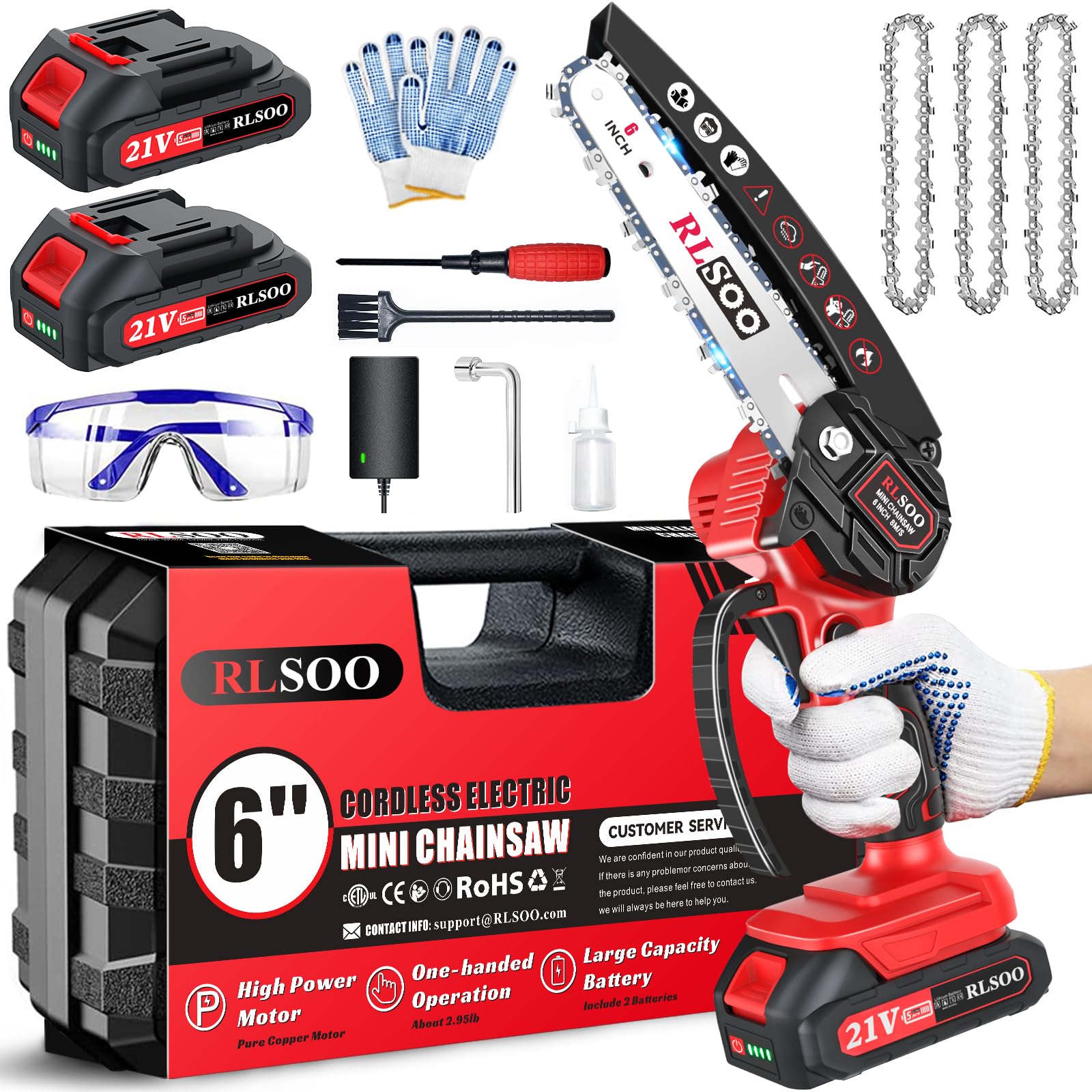 RLSOO mini chainsaw front view showing compact design and fast cutting