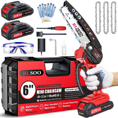 RLSOO mini chainsaw front view showing compact design and fast cutting