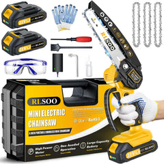 RLSOO mini chainsaw front view showing compact design and quick startup benefit
