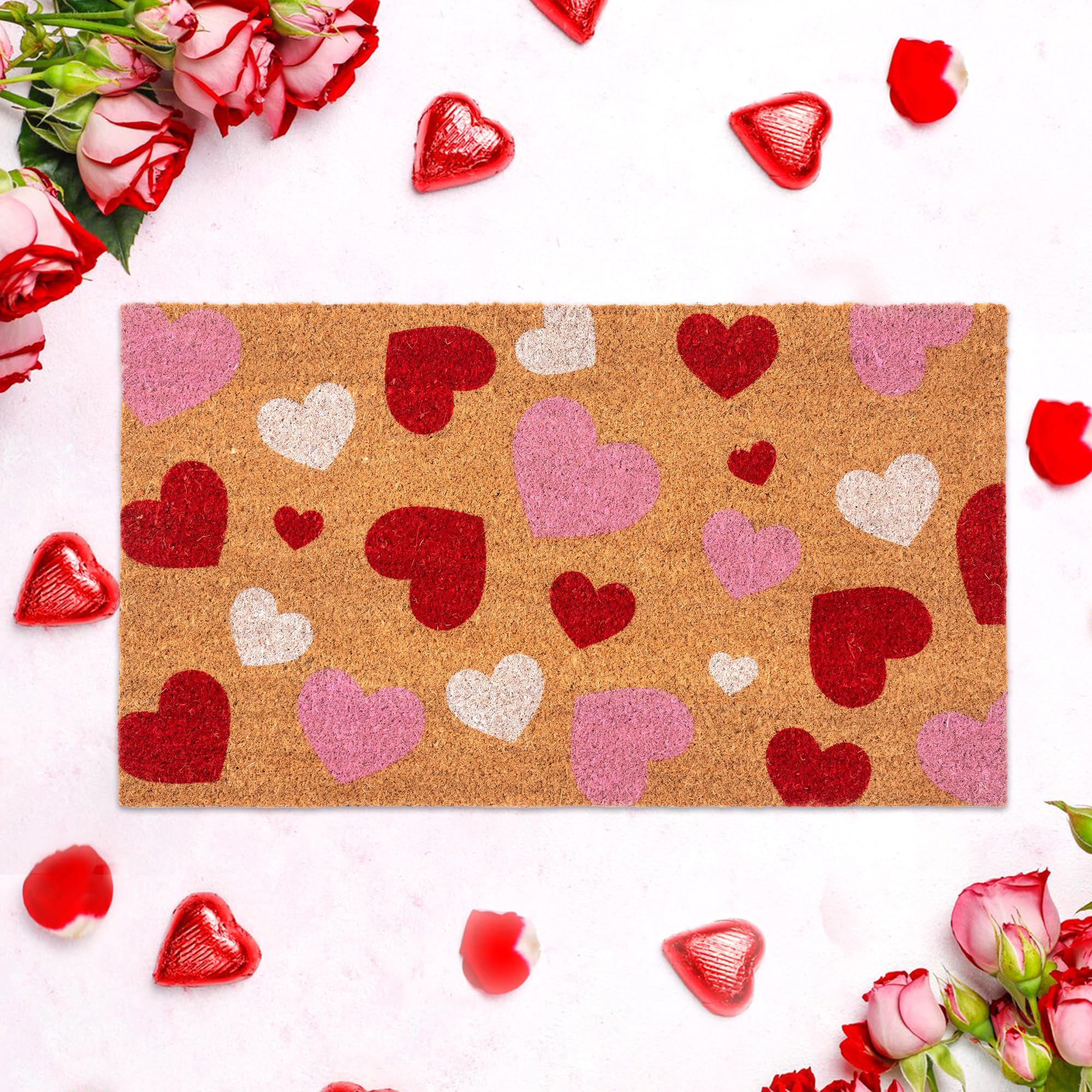 Rmeosye mat on porch creating inviting Valentine curb appeal