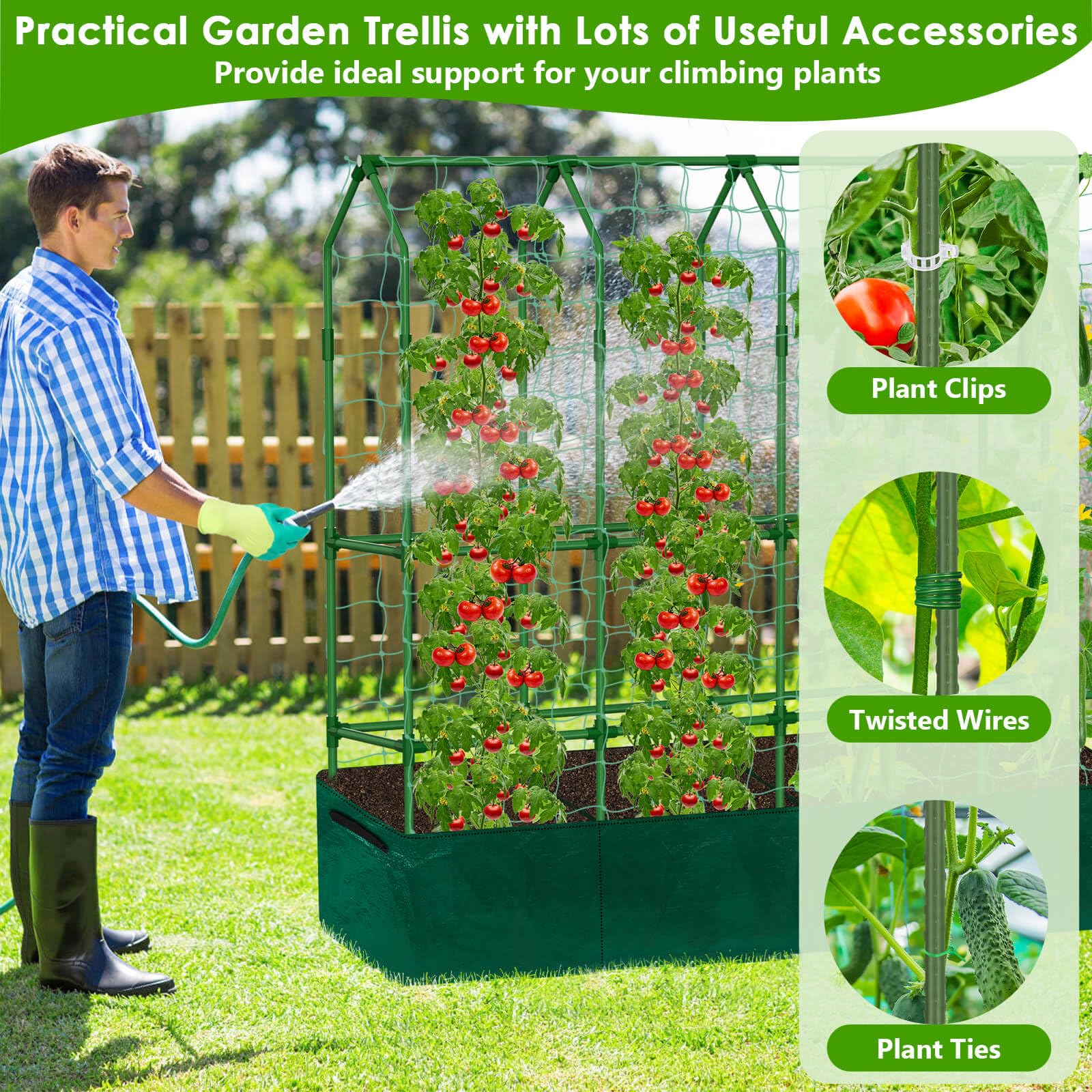ROADPLUM trellis in garden with cucumbers showing space-saving vertical harvest benefits