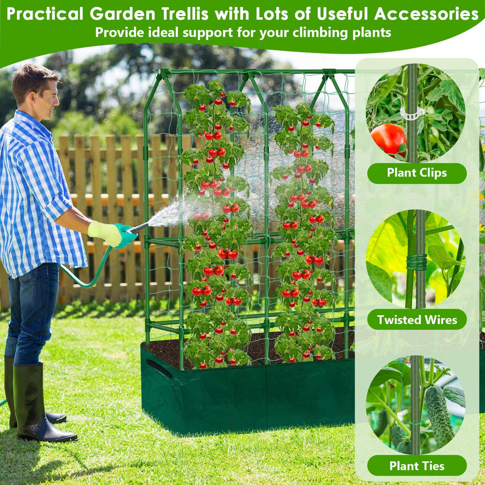 ROADPLUM trellis in garden with cucumbers showing space-saving vertical harvest benefits