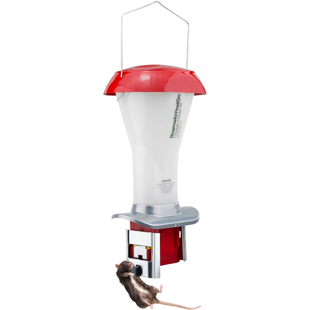 Roamwild feeder beside one‑pound bag to show 8 lb capacity scale benefit