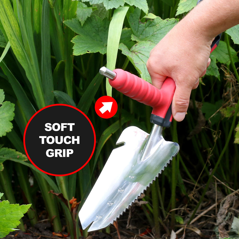 Roamwild in-use digging image showing trowel breaking soil easily for faster planting
