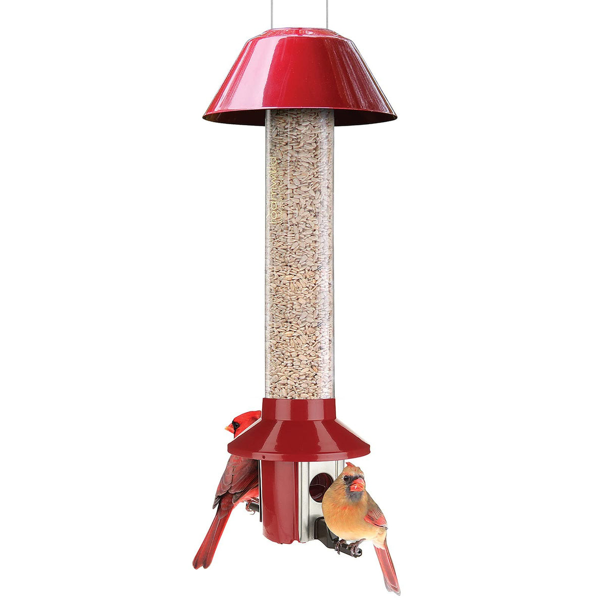 Roamwild red feeder front view showing bright color and capacity benefit