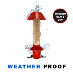 Roamwild clear seed tube and rain guard close-up showing weather protection benefit