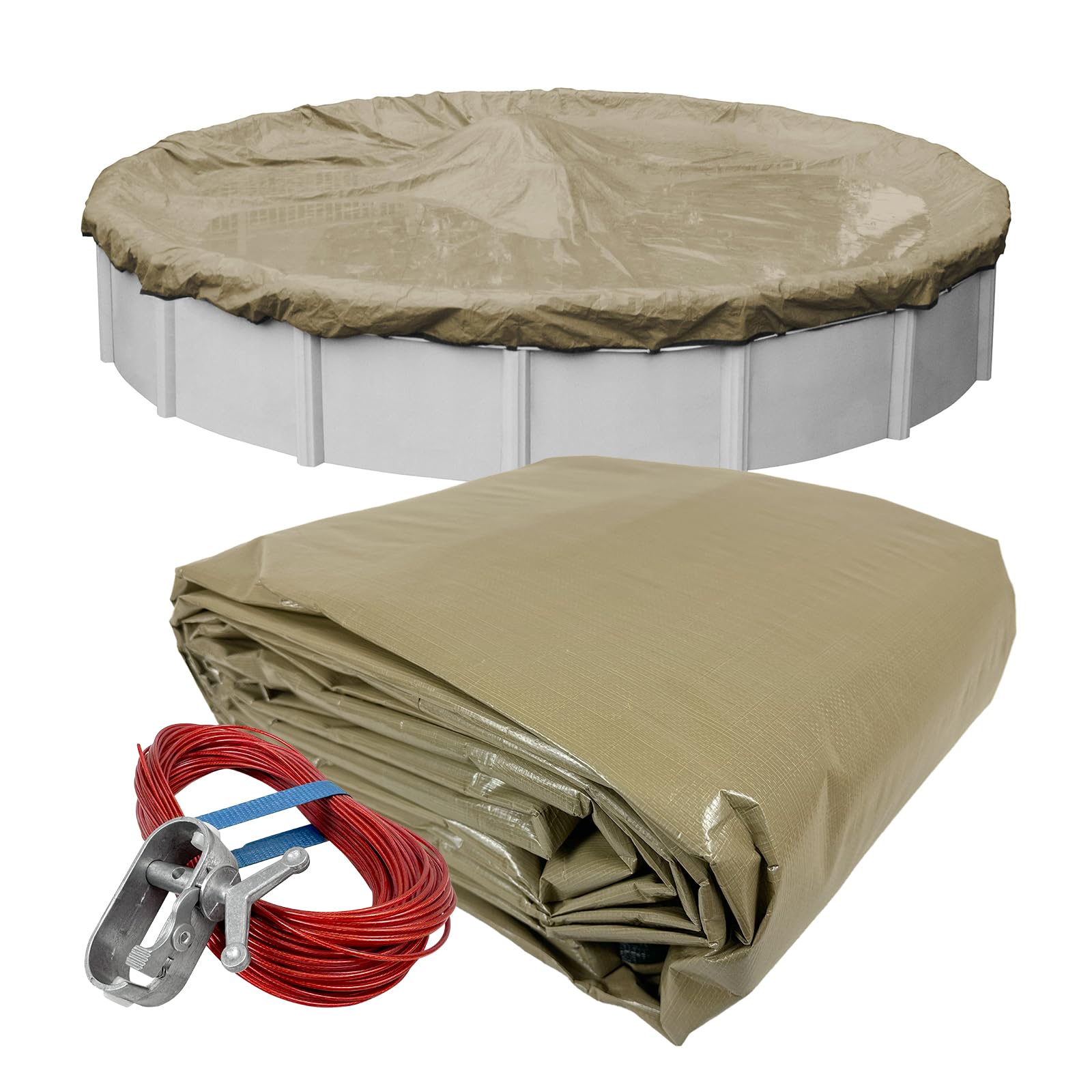 Robelle 18 ft front view showing taupe top and secure fit benefits