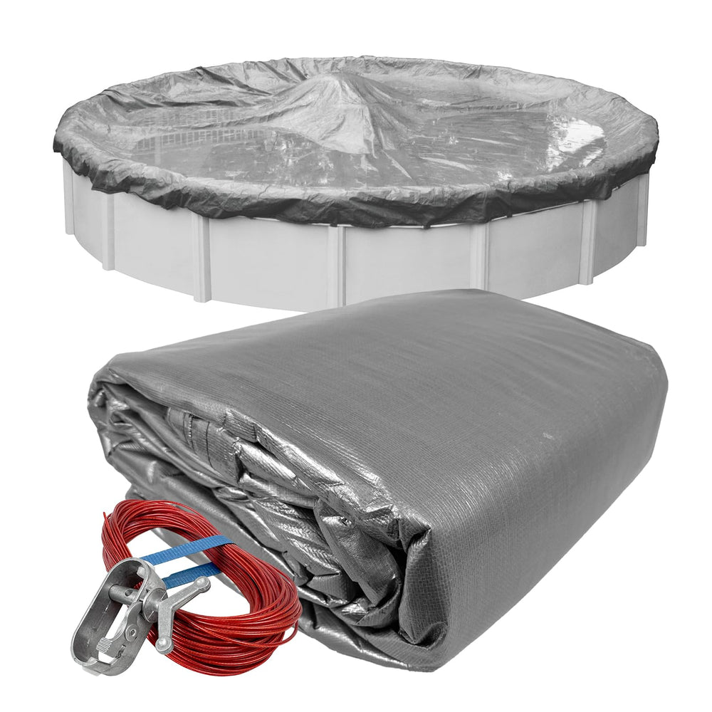 Robelle 21 ft front view showing full cover protecting pool, durable protection