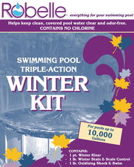 Robelle components laid out to show shock, stain control, and clarifier for effective winterizing