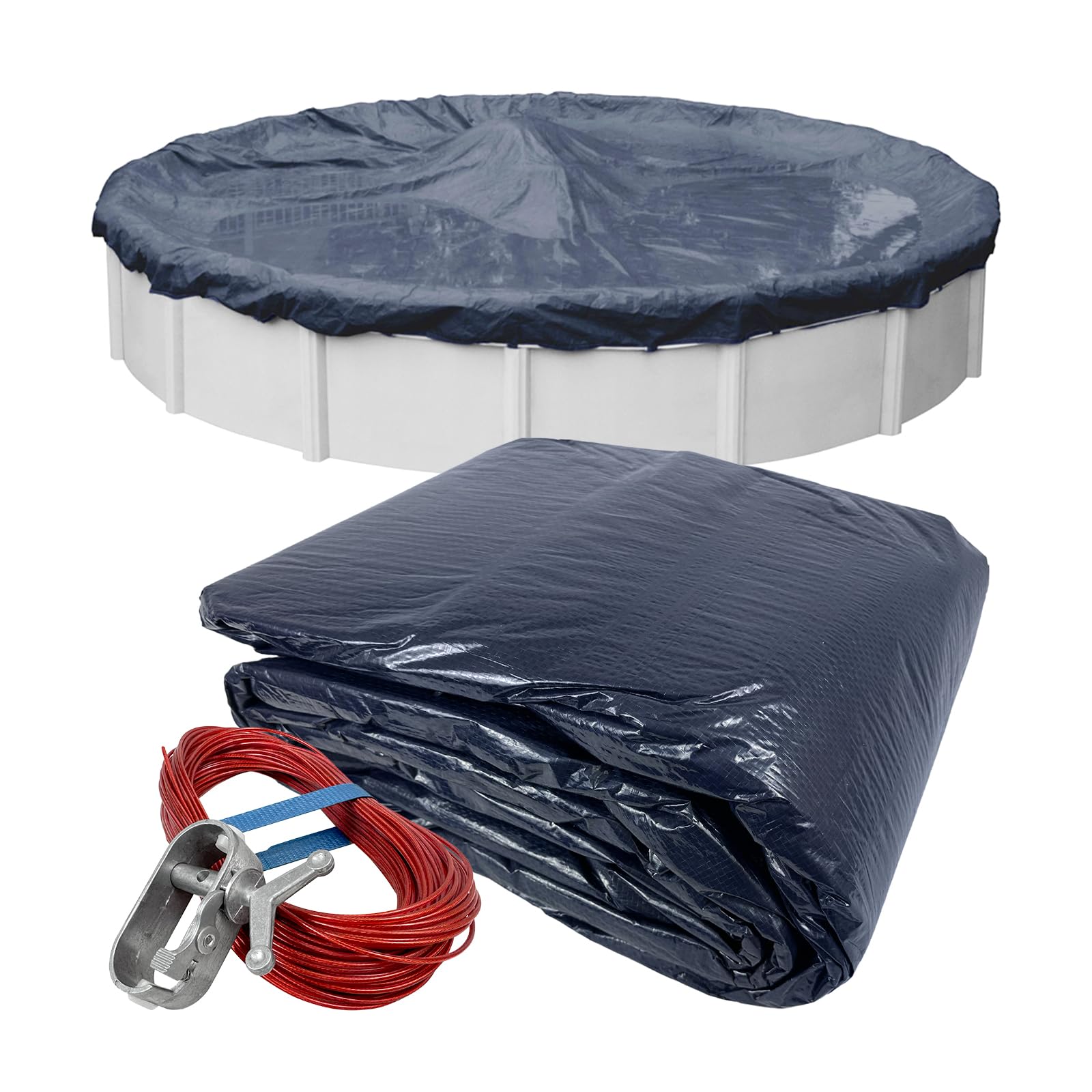 Robelle front view of 18 ft winter cover showing navy top and black underside, durable protection