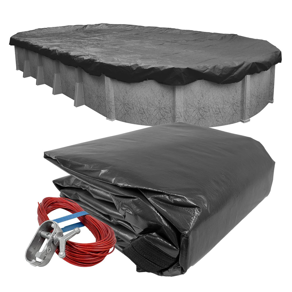 Robelle front view of winter pool cover showing full oval coverage and protection